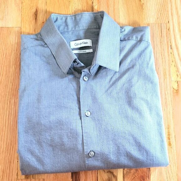 Calvin Klein Slim Fit Stretch Button Up Gray Striped 16.5 32/33 - Picture 1 of 7